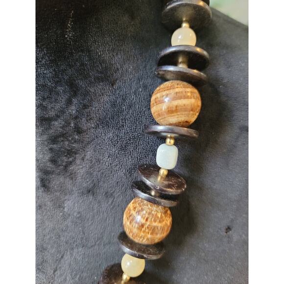 Women's Brown Wood Beaded Necklace Lobster Clasp Natural Boho Statement - Picture 3 of 5